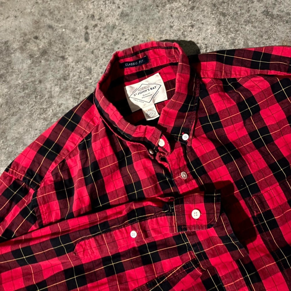 St John's Bay Shirt Mens Large Red Cotton Plaid Office Classic Fit Button Down